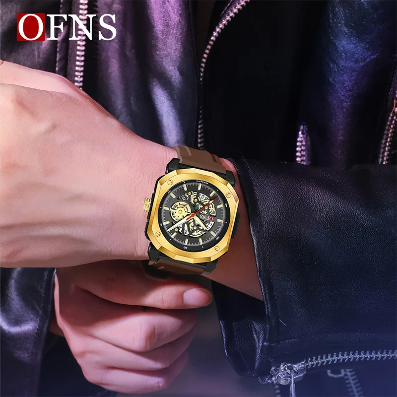 Фото Ofns Skeleton Luminous Waterproof Quartz Watch for Men Boys Teenagers Students Calendar Date Display Business Casual Wristwatch №3