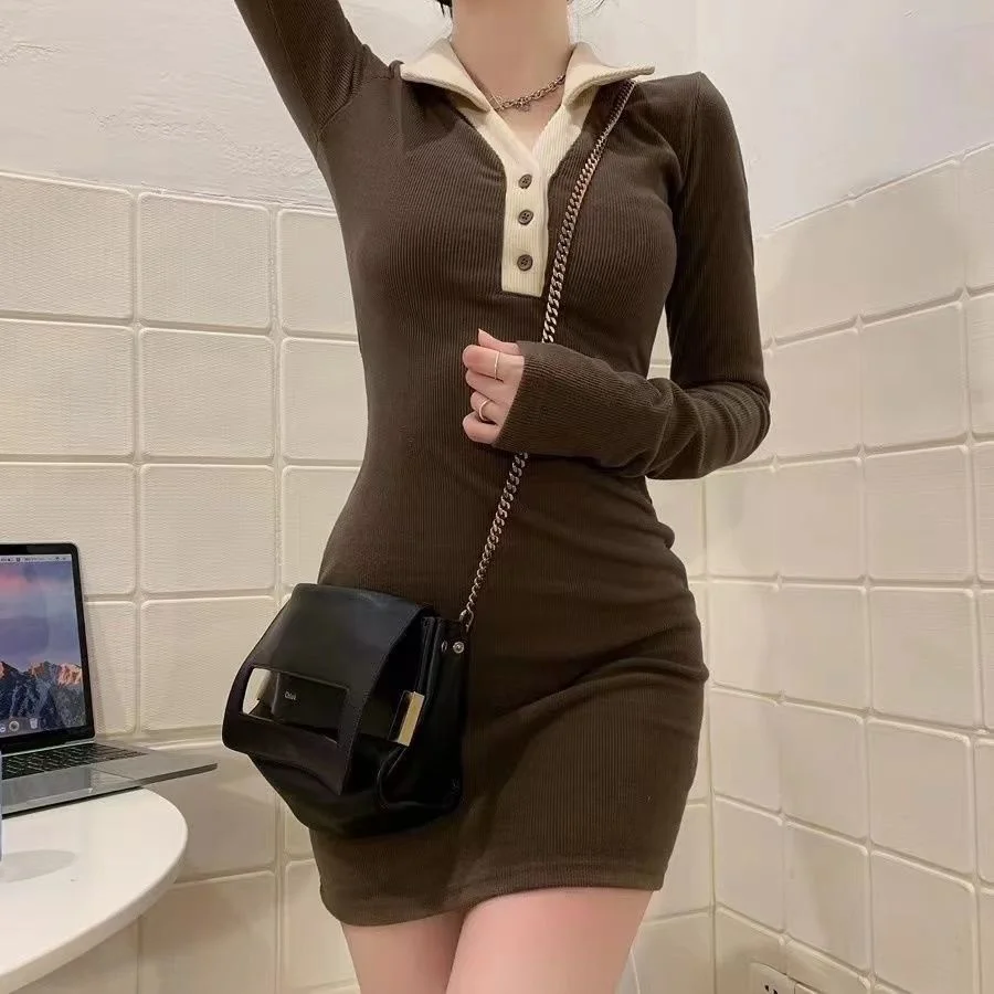 

2022 Spring Long Sleeve V-neck Shirt Knitted Bodycon Mini Dress Vintage Party Elegant Female Tunic Dresses For Women Casual