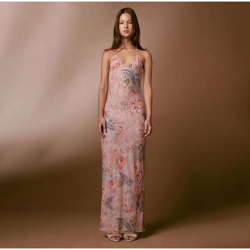 

Sexy Backless Long Dress With Butterflies Spaghetti Straps Chic Halter Vintage Print Maxi Dress Pink Birthday Dress Woman Party