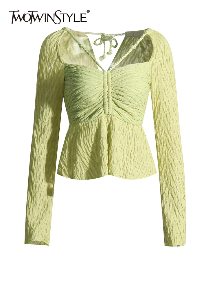 

TWOTWINSTYLE Cut Out Slim Shirt For Women Square Collar Long Sleeve Solid Ruched Minimalist Knitting Blouses Female Clothing New