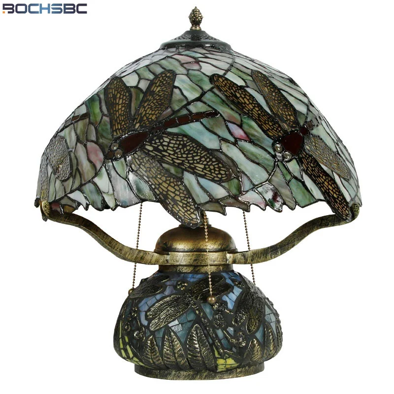 

BOCHSBC American Tiffany Style Table Lamp Dragonfly Stained Glass Bedside Coffer Bar Counter Deco Bedroom Desk Light Cast Base