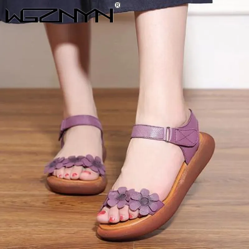 

2022 Summer Retro Genuine Leather Women's Sandals Ladies Open Toe Floral Platform Sandals Flowers Casual Flat Women Shoes Mujer
