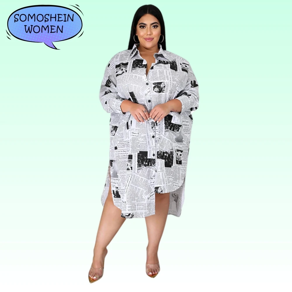 

Somoshein Plus Size Women's Clothing 5XL Loose Oversize Casual Outfits Poster Print Buttons Blouse Dress Irregular Midi Dresses