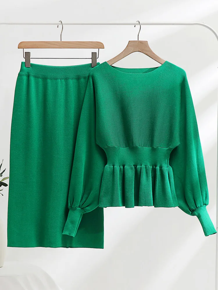 

2023 Spring Knit Two Piece Skirt Set Women Long Sleeve Round Neck Sweater And Knitted Skirt Suits Matching Vintage Set Women
