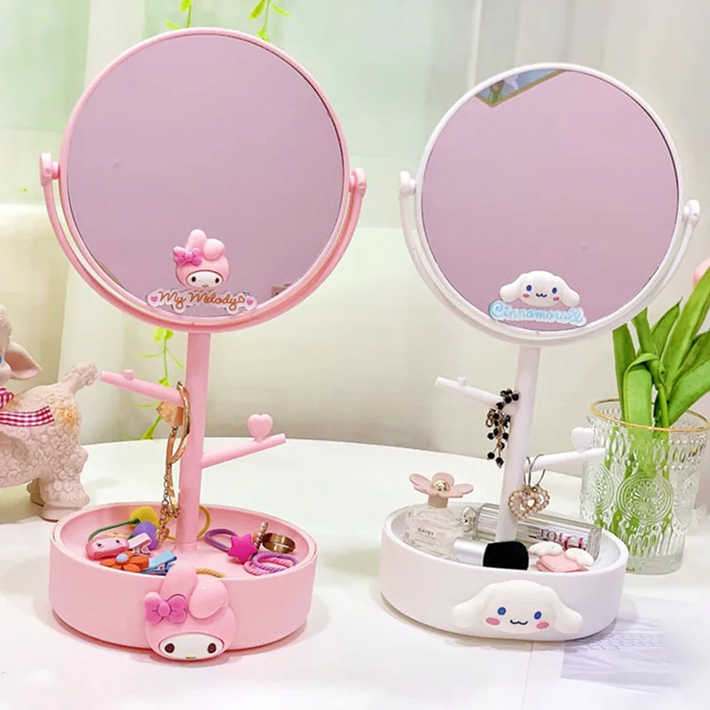 

Cartoon Kuromi MyMelody Cinnamoroll KT Makeup Mirror Kawaii Sanrios Desktop Dressing Mirror Sundries Storage Box Gifts for Girls