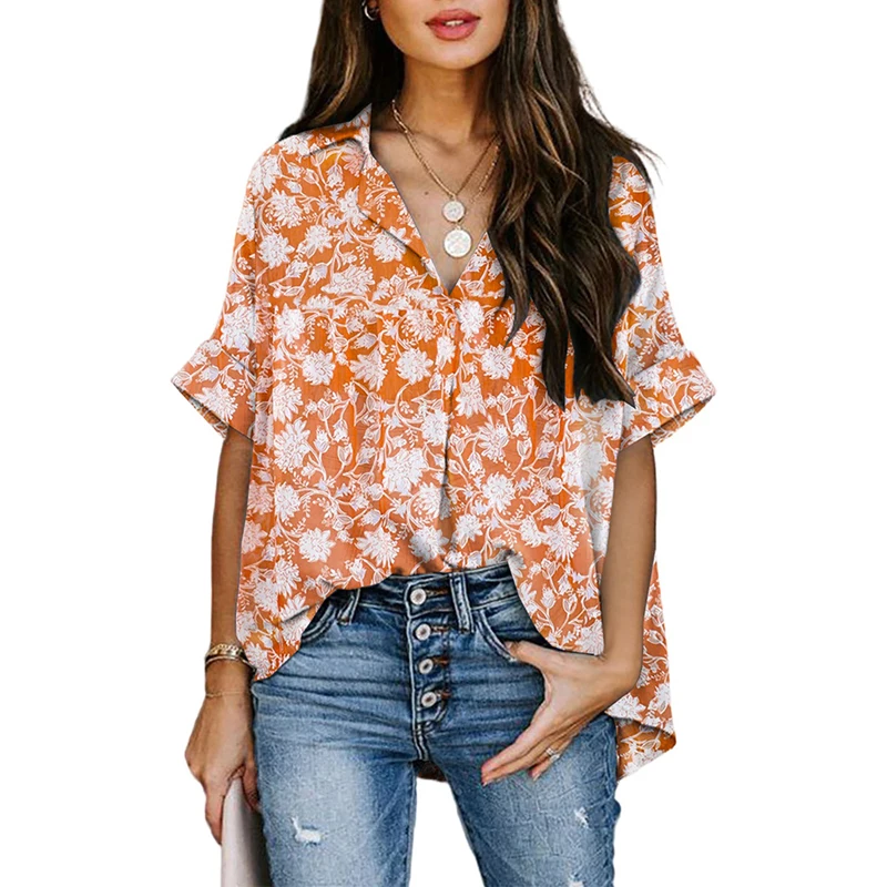 CINESSD Print Chiffon Blouses  Summer Floral Women Casual Tops Turn Down Collar Short Sleeves Office Lady Leaf Bohemian Blouse