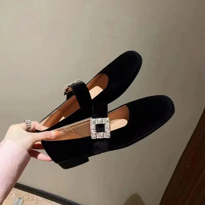 

Spring Autumn New Single Shoes Women Rhinestone Square Toe Shallow Mouth Square Buckle Mary Jane Shoes Flannel Shoes Women Shoes