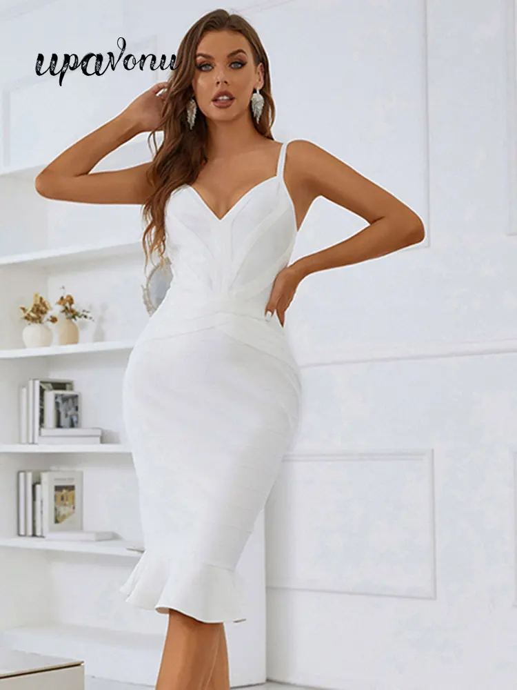 

Women's White Bandage Dress 2022 Summer V Neck Sleeveless Sling Bodycon Ruffle Dress Elegant Celebrity Club Night Party Vestidos