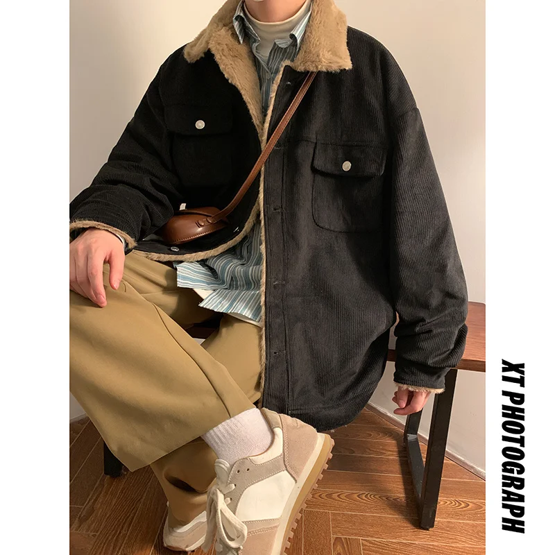 Winter Thicken Corduroy Jacket Men Warm Fashion Retro Lamb Wool Jackets Mens Streetwear Korean Loose Thick Short Coat Men M-2XL