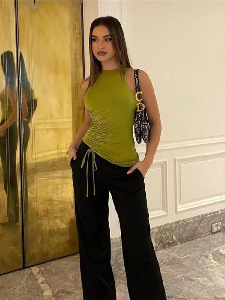 

Летняя одежда, сексуальный облегающий костюм для ночного клуба, Модный укороченный топ со складками, сексуальный топ без рукавов с круглым вырезом, женский летний топ