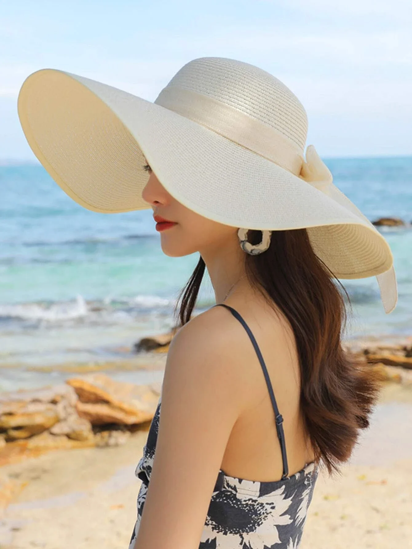 

Hats gorras sombreros capsBow Decor Wide Brim Straw Hat