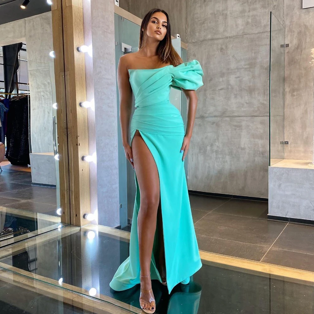 

Elegant One-shoulder Side Slit Evening Dresses Mint Green Prom Gown Floor Length Wedding Party Dress Robe de Soiree