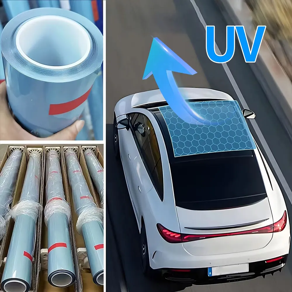 Фото Универсальная черная защитная пленка из ТПУ для автомобильного люка, синяя теплоизоляционная наклейка для автомобиля, блокирующая УФ-излучение. №1
