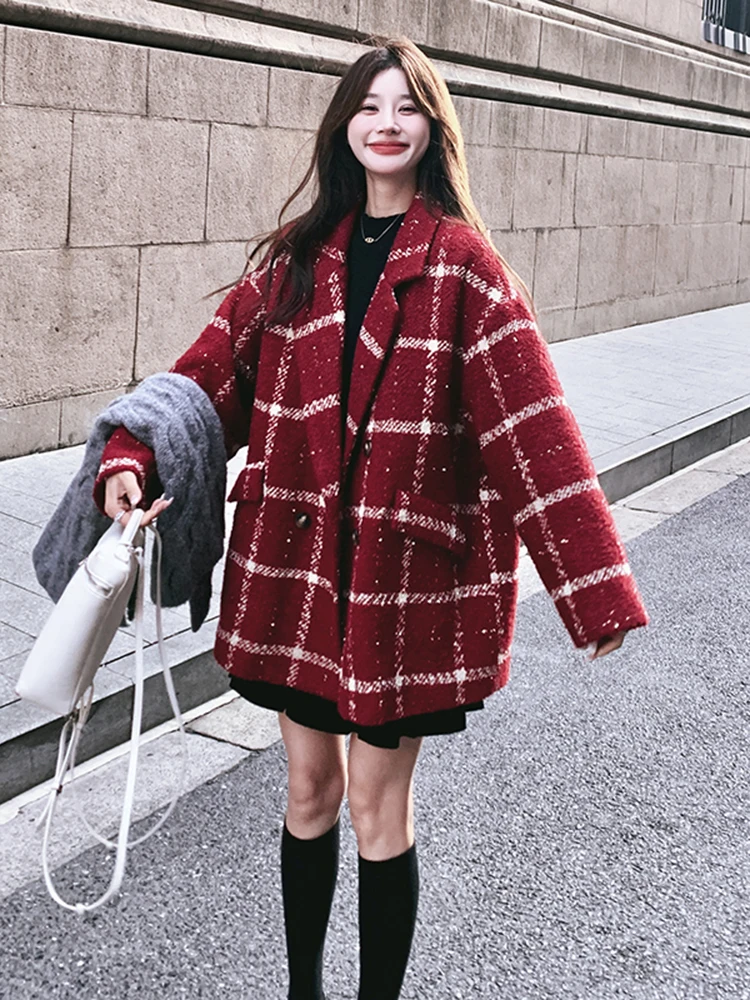 Красная шерстяная женская куртка в клетку новинка 2024 осенне-зимняя супер