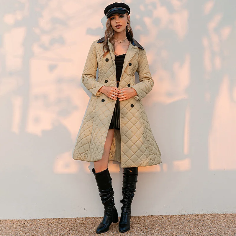 Autumn and Winter Lapel Double-breasted Lace-up Stitching Long Cotton Padded Jacket Brown Ladies Retro Windproof Cotton Jacket