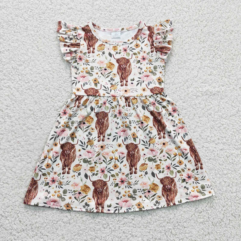 Wholesale Baby Girl Western Highland Cow Dress Kids Short Sleeves Flower Children Infant Toddler Floral Clothes