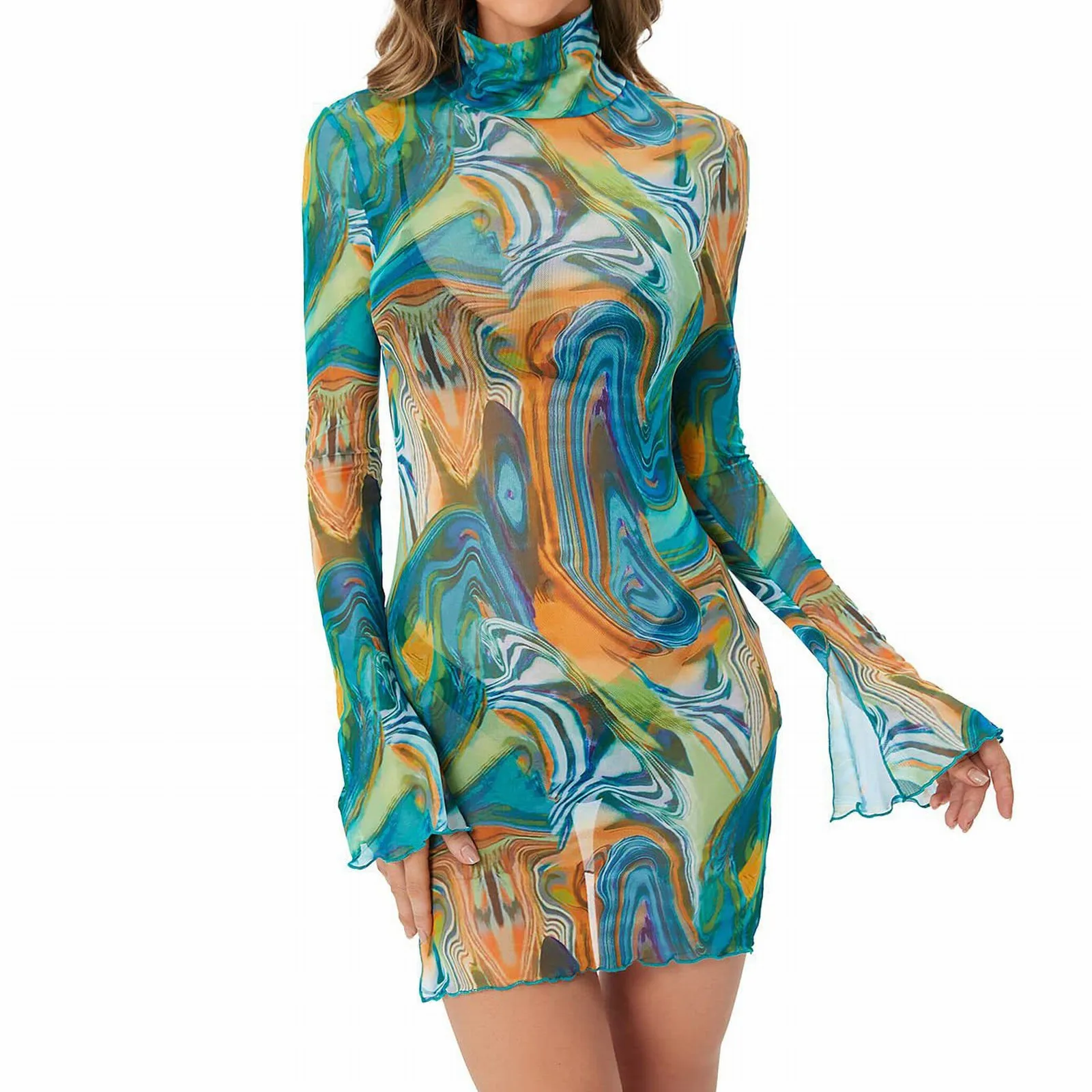 

Модное пикантное мини-платье с высоким воротником и принтом на ягодицах, женские модные сетчатые платья с расширяющимся книзу рукавом, шикарное летнее Клубное платье 2023