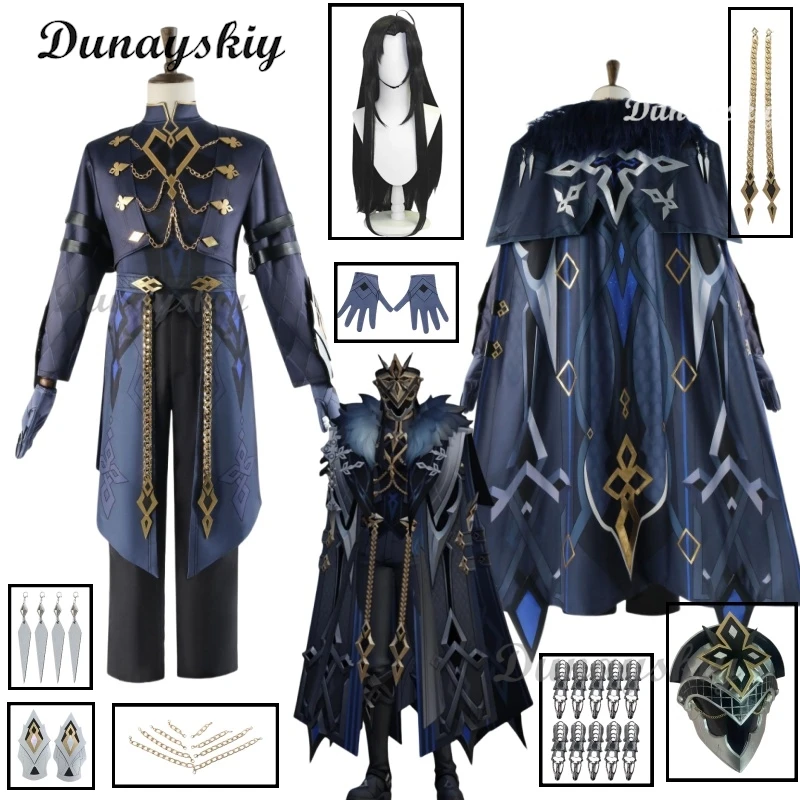 Genshin Impact Eleven Fatui Harbinger Косплей Костюм Парик Плащ Маска Щит Для Лица Черная Униформа