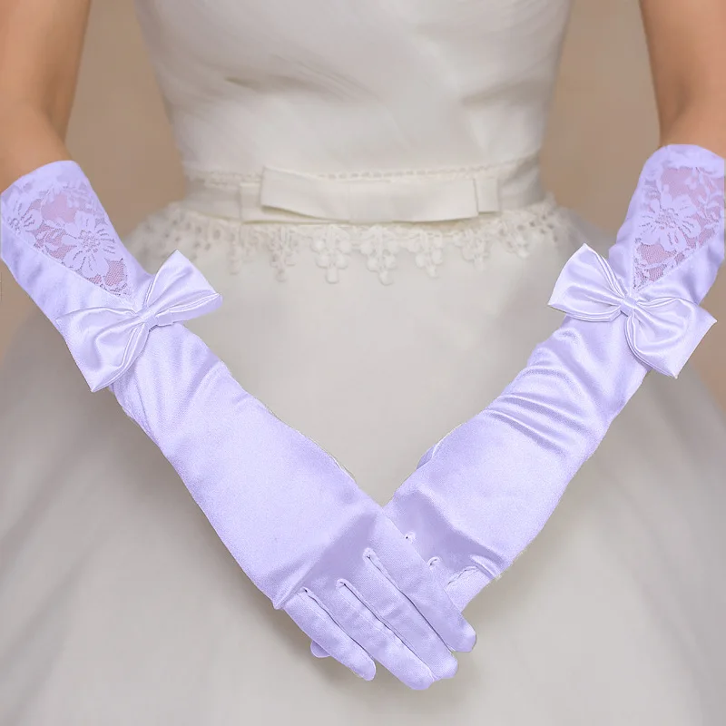 

Luva De Noiva Long Lace Satin Bow Bridal Wedding Gloves with Finger Ivory White Bride Gloves Wedding Accessories Gants De Mariee