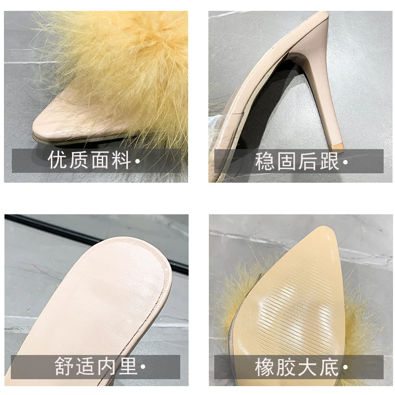 2023 Summer Sexy Slip on Clear Heel Slides Women Mules Shoes PU Leather with Feather Peep Toe Transparent High Heel Slippers