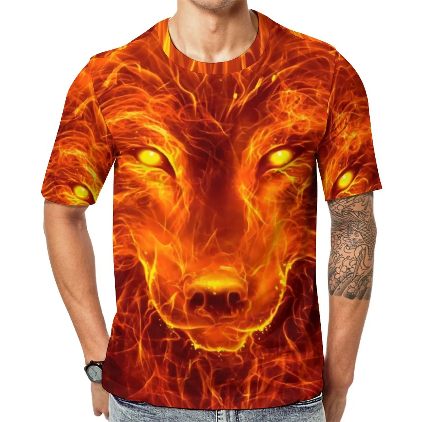 

Fire Wolf Head T Shirt Abstract Animal Novelty T Shirts Short Sleeves Pattern Tops Hot Summer Aesthetic Big Size Clothing