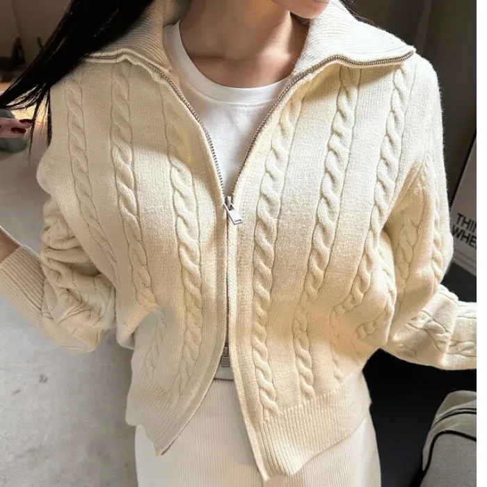 Корейский Sle Ретро Элегантный воротник-стойка Свободный повседневный вязаный