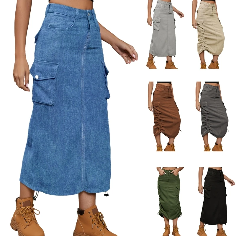

50JB Women's High Waist Cargo Midi Skirt Ruched Drawstring Long Skirts with Pockets