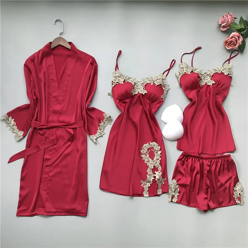 

FZSLCYIYI Lady Robe Gown Set Sexy Lace Bathrobe Nightgown Sleepwear Summer Women Kimono Nightwear Satin Pijamas Loungewear