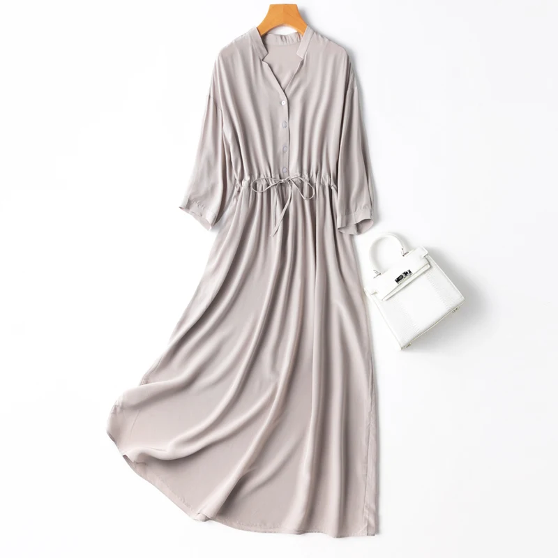

Summer Natural Silk High Quality Thin Dress for Women Office Lady A-LINE Mid-Calf V-Neck Three Quarter Sleeve Vestidos