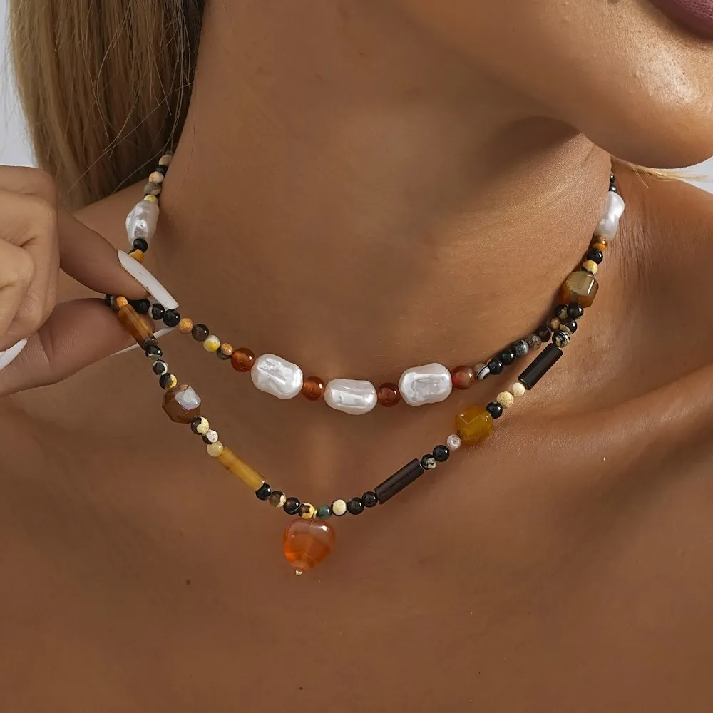 Ожерелье женское с натуральным камнем и искусственным жемчугом