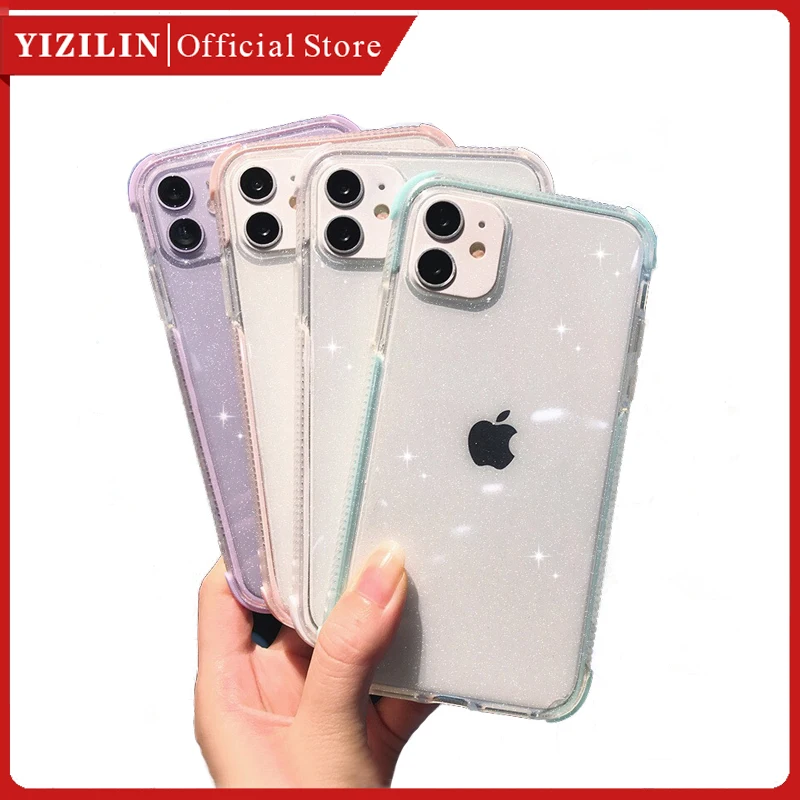 

Phone Case Transparent Glitter Two-color for IPhone 12 11 Pro Max X XR Xs Max Four Corners Drop-proof Protective TPU Soft Cover