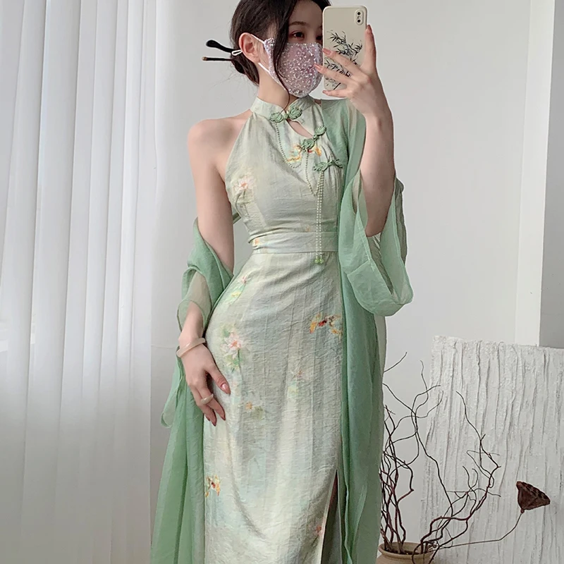 Qipao Sexy sin mangas para mujer, vestido chino de flores con estampado elegante, ropa Oriental tradicional Retro, Cheongsam de verano
