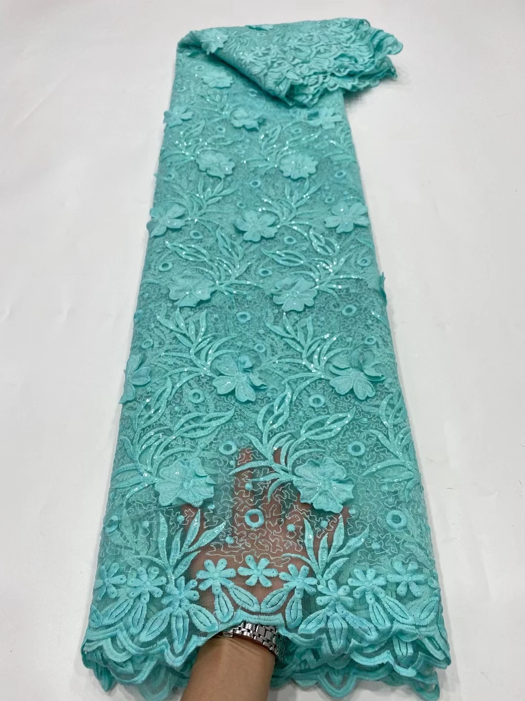 Sea Blue африканская сетчатая кружевная ткань с блестками хорошее качество вышитая