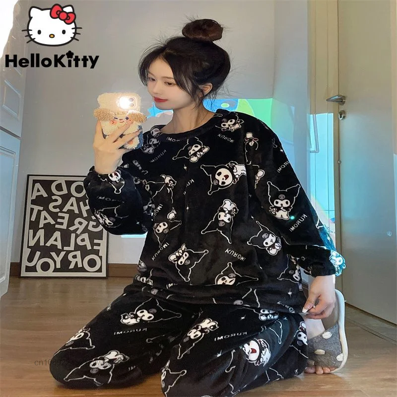 

Sanrio My Melody Kuromi Coral Velvet Pajamas Y2k Women Winter Plush Thickened Warm Sleepwear Female Lovely Pochacco Print Suit