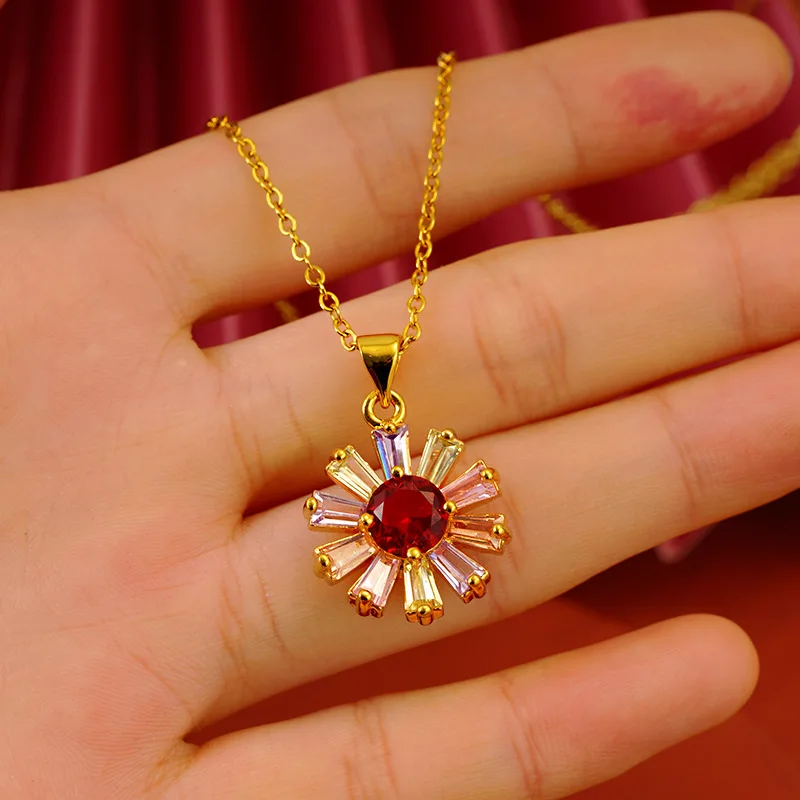 

Sunflower Necklaces For Women Daisy Pendant Girls Necklace Copper Box Chain Choker Red Rhinestone Party Wedding Jewelry Gifts