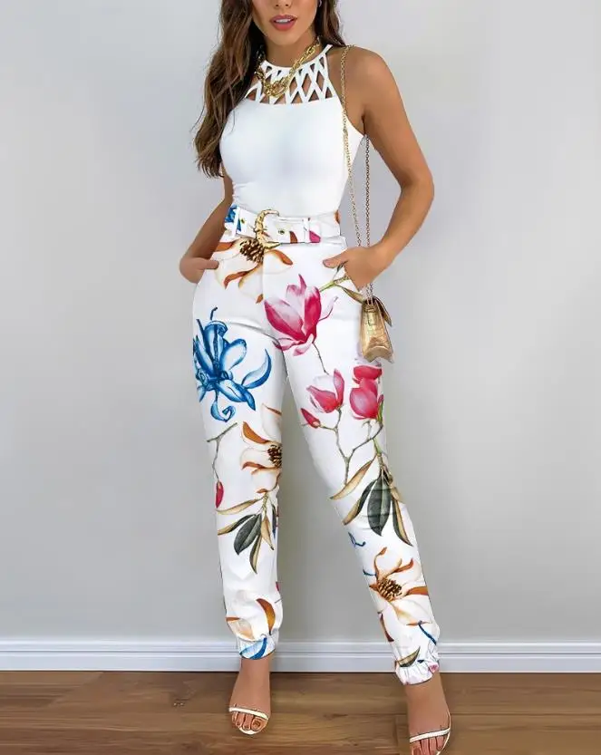 

Sleeveless Hollowed Out Top and Tropical Printed Cuffed Pants Set 2023 New Hot Selling Fashion Women's Clothing