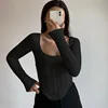 2023 Square Collar Long Sleeve Casual Women T Shirts White Autumn Skinny Sexy Solid Basic Crop Tops Fashion Streetwear 2