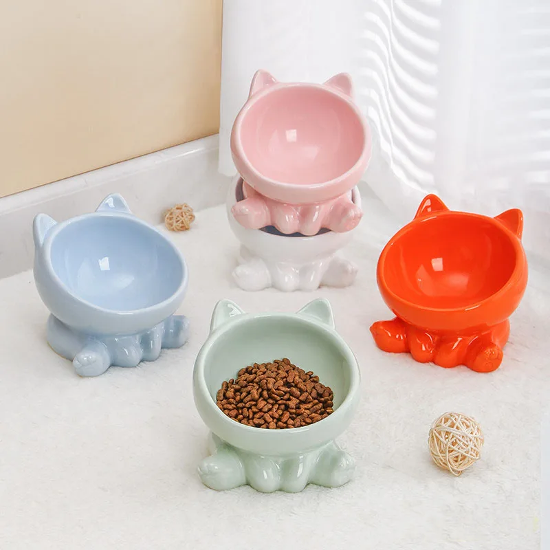 

Cat bowl integrated ceramic cat bowl oblique mouth high feet cute cervical spine protection dog bowl water cat bowl black Chin