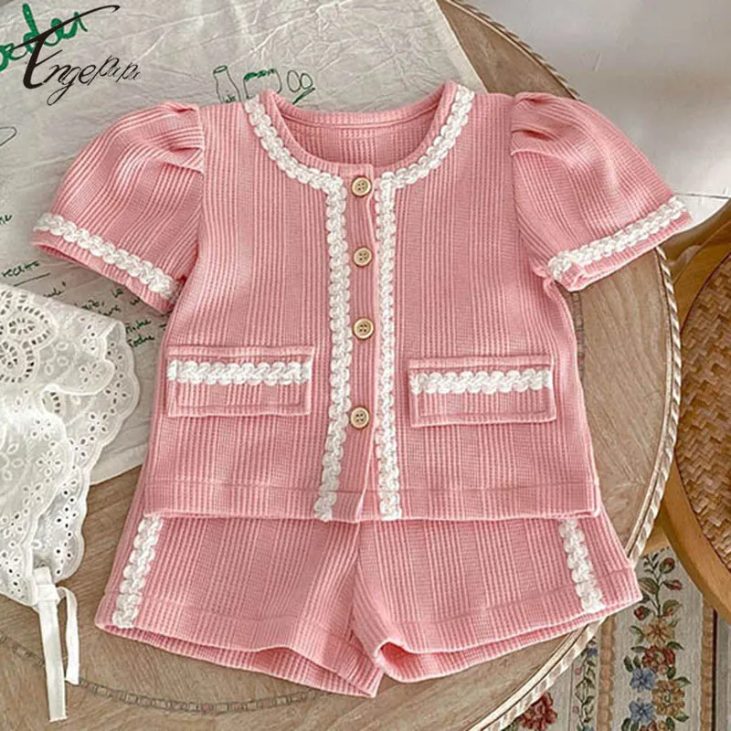 

Princess Baby Girls Sweet Lace Suit Girls Short Sleeves Top+Shorts 2pcs Casual Girls Pure Color Suit Girls Summer Suit Clothing