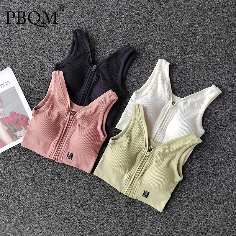 

PBQM Sports Underwear Women's Shockproof Front Zipper Yoga Bra Gathering Fast Drying Leisure Running Gym Training Vest Summer
