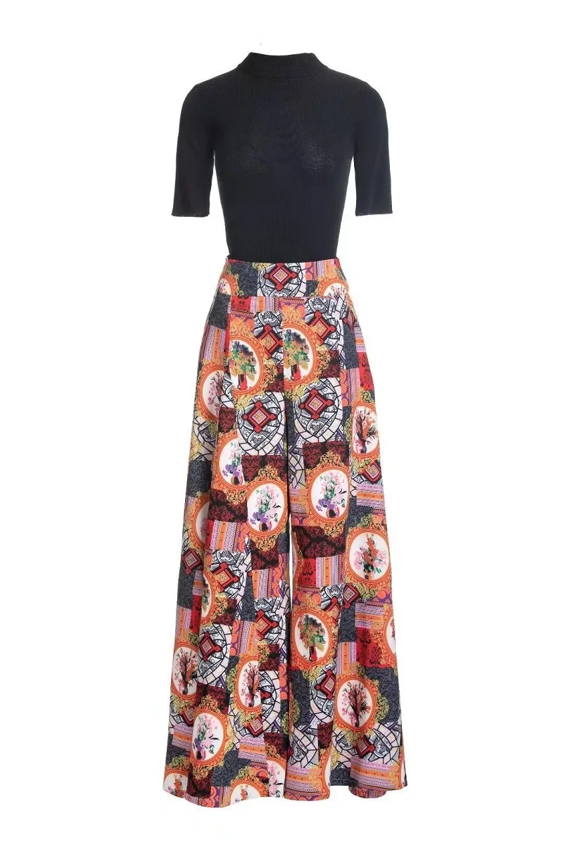 

Женский трикотажный брючный костюм, черный свитер и брюки с винтажным принтом и широкими штанинами, Осень-зима 2022
