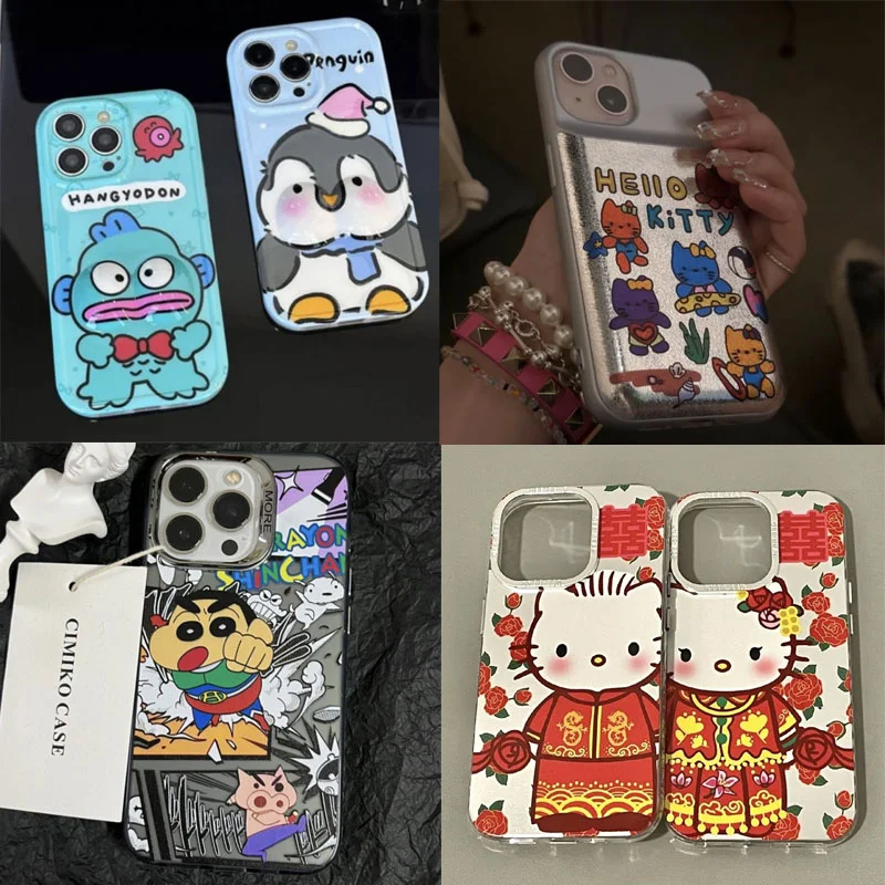 

For IPhone 14 13 12 Pro Max Sanrio Hello Kitty Phone Case Crayon Shin-chan Kawaii All-Inclusive Anti-fall Shockproof Back Cover