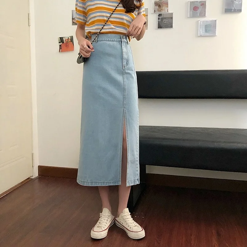 

Women High Waist Slim Thin Fashion Korean Split A-line Skirt Summer Lazy Ins All-match Casual Denim Skirts Office Lady Wears New