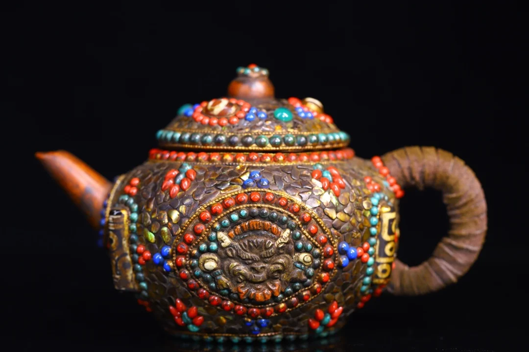 

7"Tibetan Temple Collection Old Purple Clay Kettle Mosaic Gem Shell gZi Beads Animal Head Kettle Teapot Butter pot Worship Hall