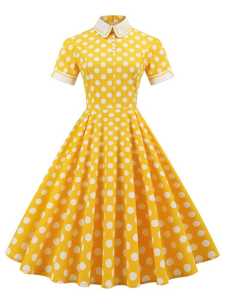 

2022 Elegant Summer 50s 60s Dresses for Women Peter Pan Collar Vintage Yellow Polka Dot Short Sleeve Pockets A-Line Midi Dress