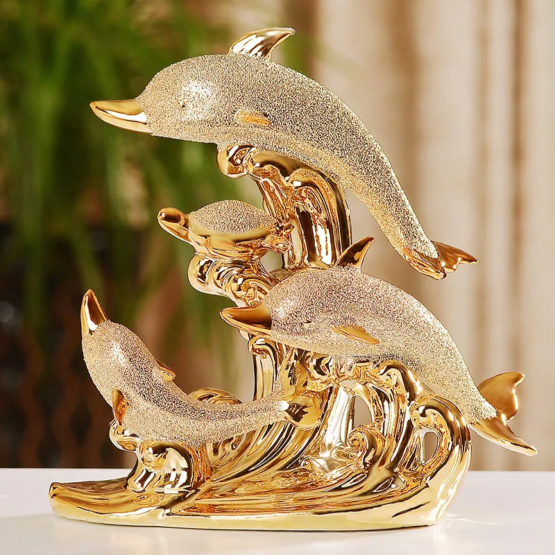 

European Resin Animal ornaments Gold Dolphin Figurines Crafts Home Livingroom Table Furnishings Decoration Office Accessories