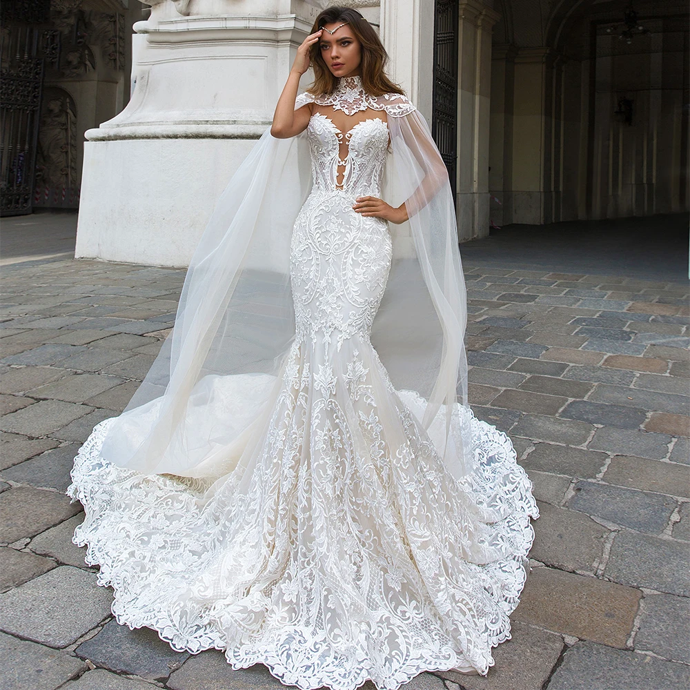 

Vintage Mermaid Wedding Dresses Soft Satin Beach Bridal Gowns V-neck Sleeveless Lace Appliques Party Gowns Vestido De Novia