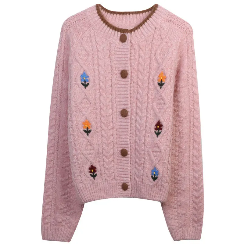 

New Fall/Winter Knitwear Coat 2022 Floral Embroidery Loose Vintage Thick Knit Cardigan Sweater for Women Elastic Sweaters Femme