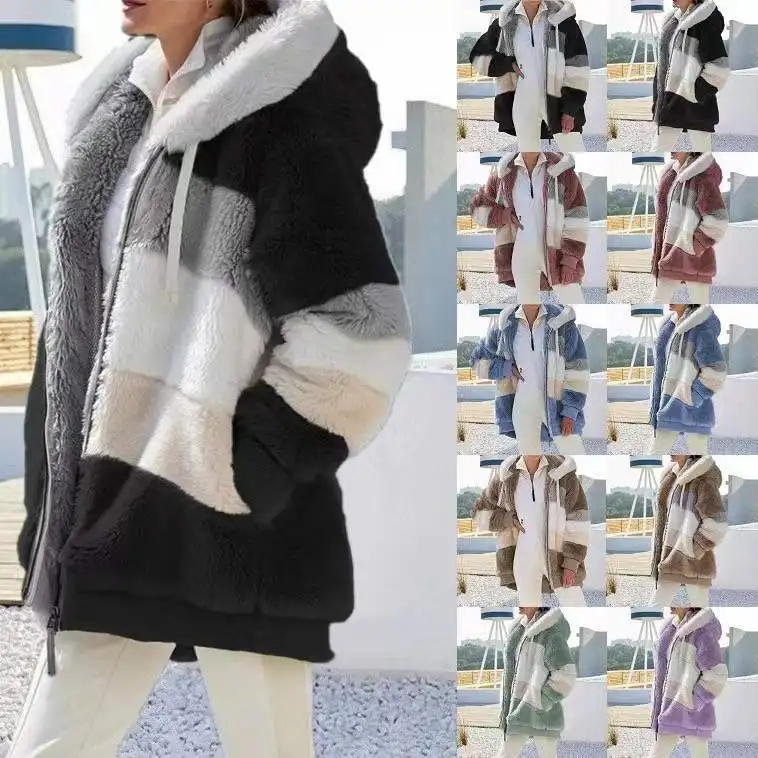 

2022 autumn and winter warm autumn and winter multicolor stitching short loose plush hooded jacket women