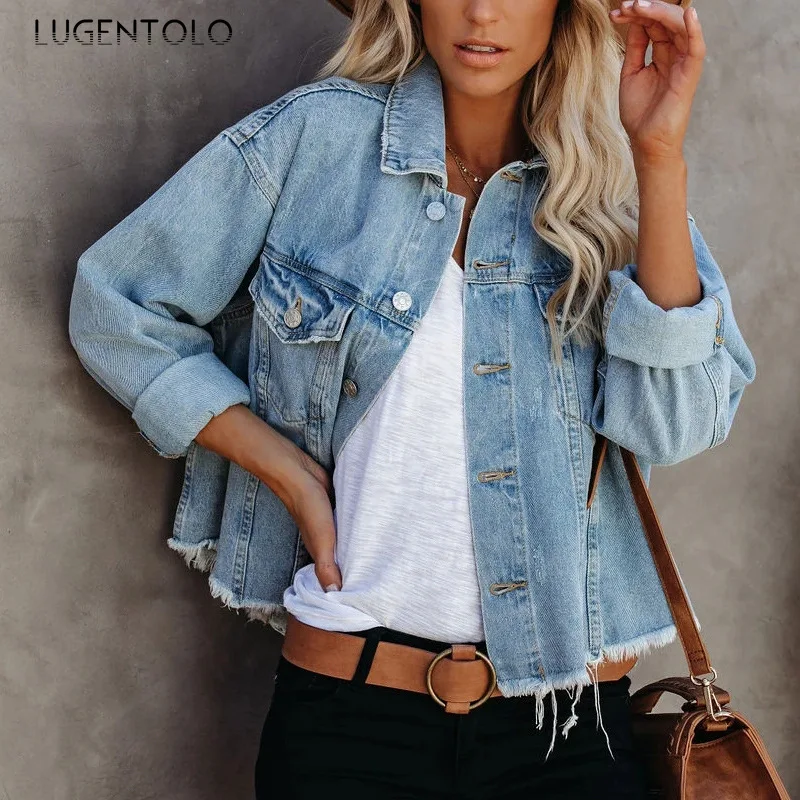 

Women Denim Coat Simple Single-breasted Loose Long Sleeve Jacket Female Autumn Blue Casual Street Jackets